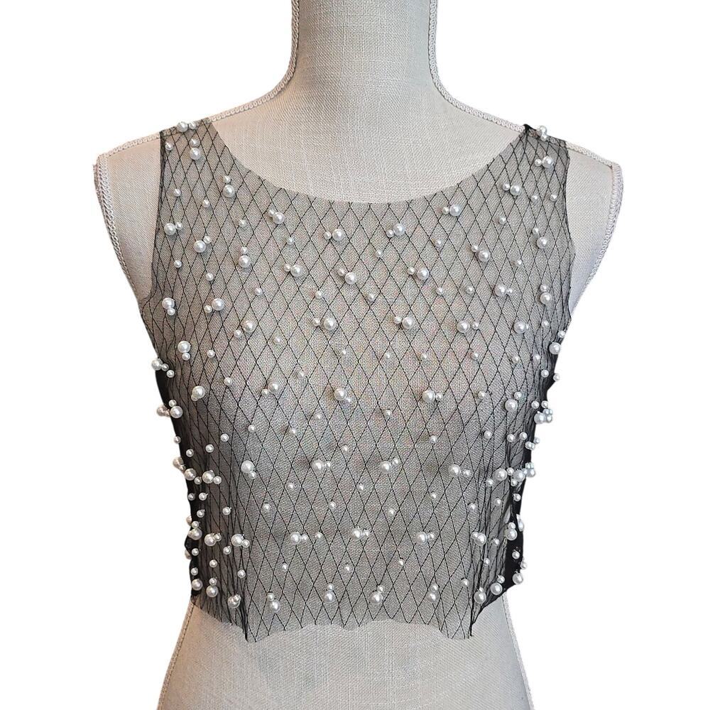 Shein Black Mesh Sexy Pearl Cropped Tank Top Sz. Medium